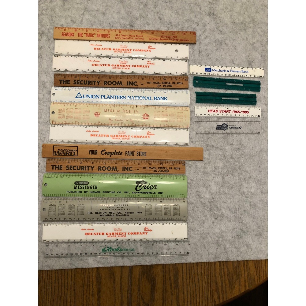 Lot of 16 Vintage Advertising Rulers Montgomery Ward Decatur Garment Hook Drugs